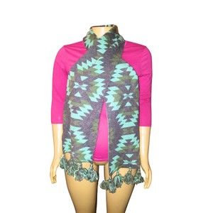 Mossimo Supply Co Gray Teal Green Southwest Print Fringe Scarf
